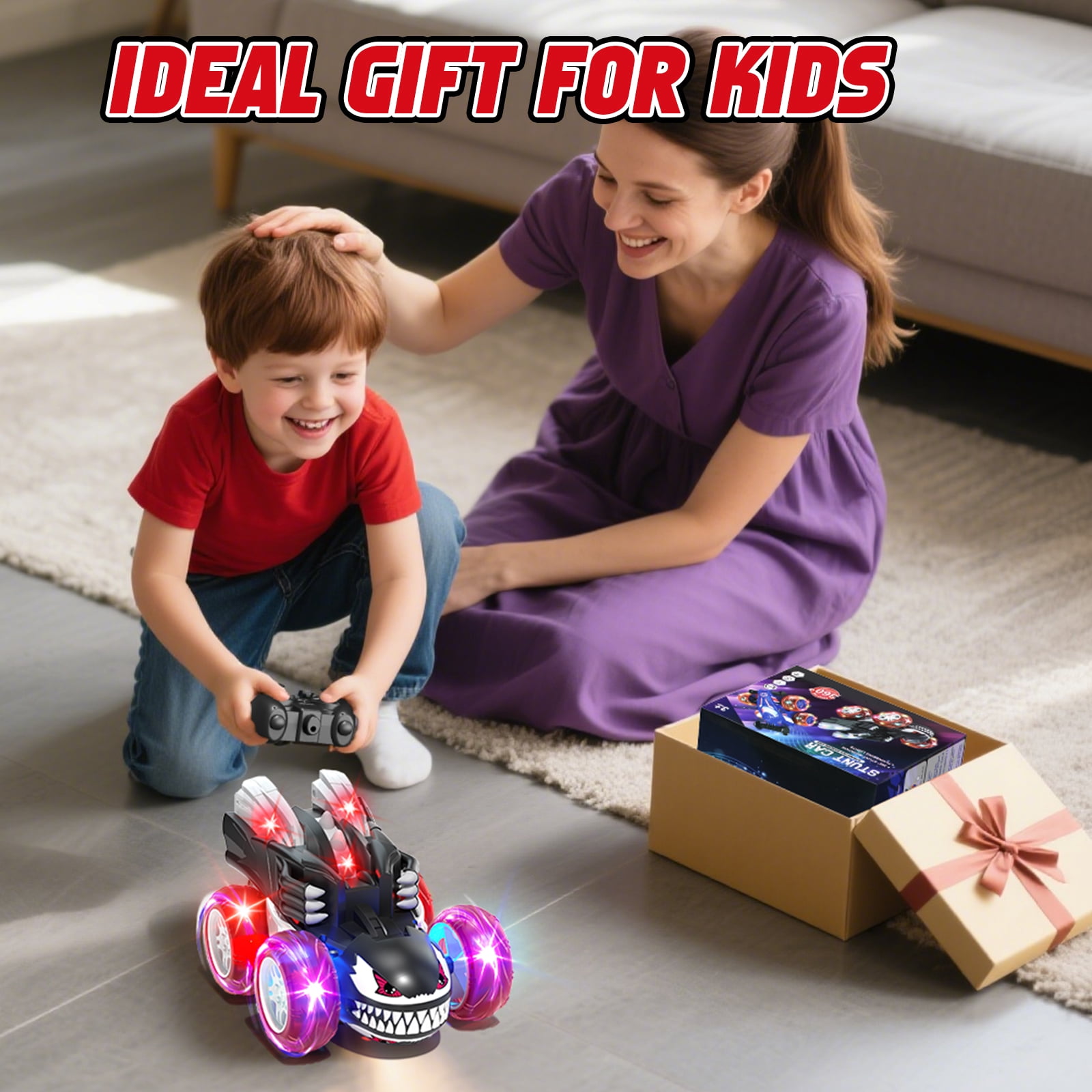 Remote Control Car, RC Cars for Kids 5 6 7 8 9 10 Year Old, 360° Ratation RC Monster Truck Toys with Cool Lights, 2.4Ghz Fast Stunt for Kids Outdoor Toys