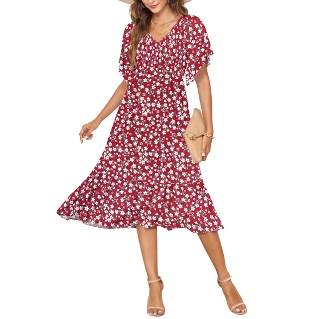 Vestido de verano AUSELILY para mujer, cuello en V, manga corta, 2XL, rojo