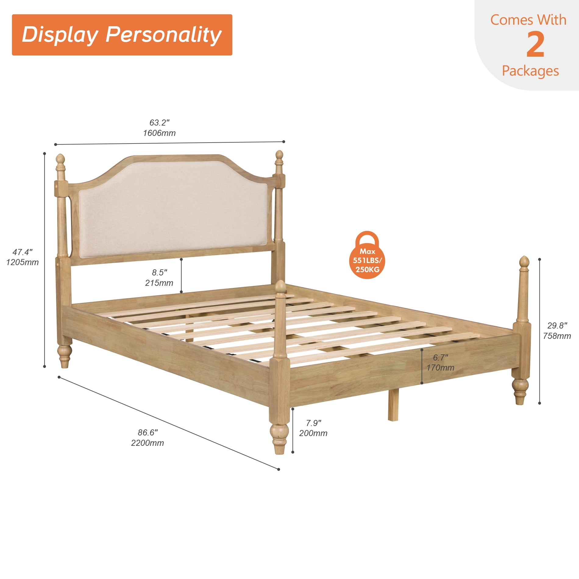 Wooden Platform Bed Frame with Upholstered Headboard – Full Size, Wood Slat Support, Spacious Under-Bed Storage, No Box Spring Required, Easy to Assemble, Oak