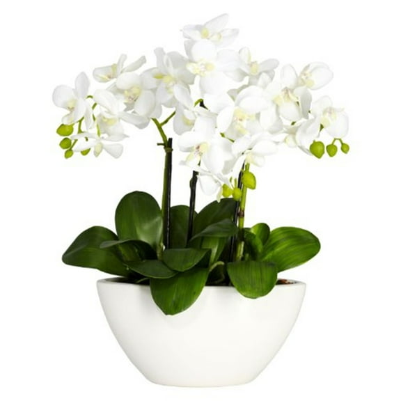 Nearly Natural 15in. White Phalaenopsis Orchid Artificial Flower Arrangement in White Vase