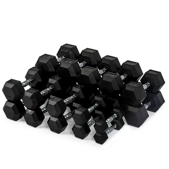 Titan Fitness Rubber Hex Dumbbells, 5 LB-50 LB Set of Pairs, Roll-Resistant Hexagonal Free Weights