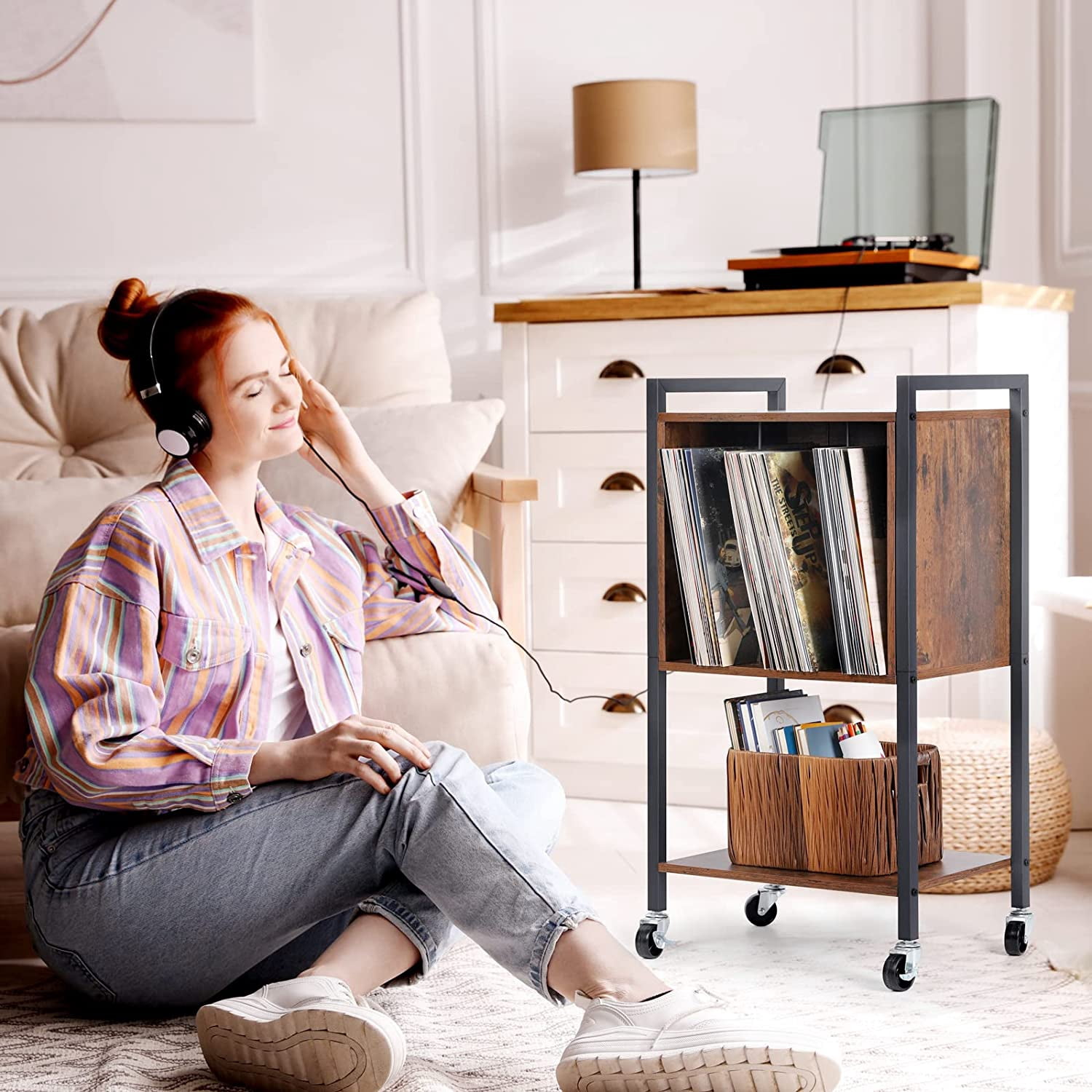 Record Player Stand End Table with Vinyl Record Storage Holder, Brown