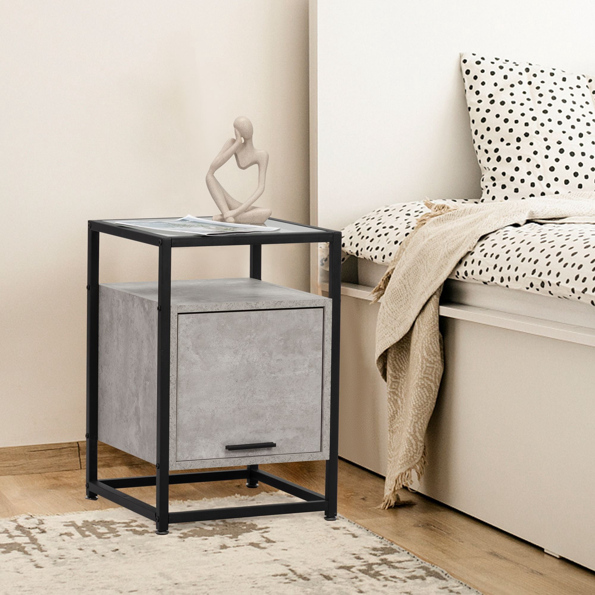 LOAOL Modern Tempered Glass Nightstand, Glass Top End Table with Metal