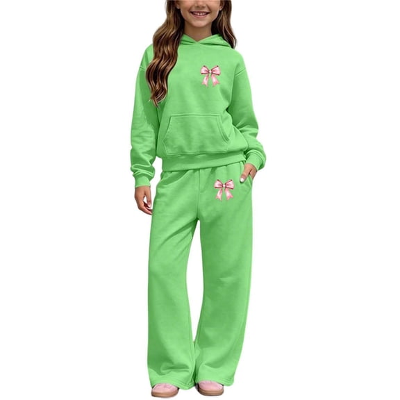 QTBIUQ Girls Two-Piece Fall Winter Set Bow-Printed Hooded Sweatshirt with Pocket and Elastic Waist Loose Pants Outfit Set
