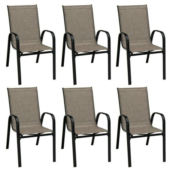 Spaco 6 Pieces Patio Stackable Dining Chairs with Curved Armrests and Breathable Fabric, Patio Dining Chair, Brown