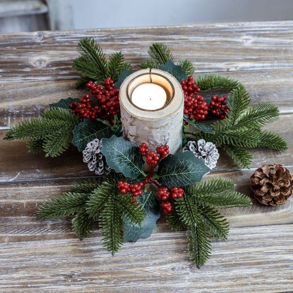 Christmas Candle Wreath with Pine Cones & Red Berries - 12" Artificial Garland for Tabletop Decor, Fireplace Mantel, Holiday Centerpiece (Traditional Red/Green)