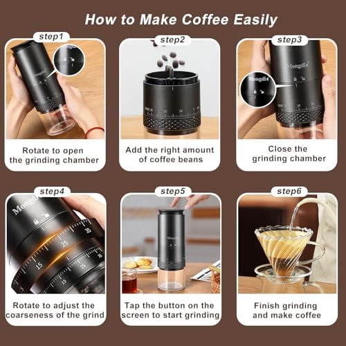 Portable Electric Burr Coffee Grinder with 38 Adjustable Settings, Conical Burr Coffee Grinder with LED Display, USB Charging, Ceramic Core, for Home, Space Black