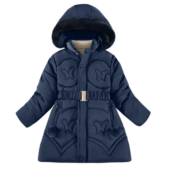 IVEYRTF Childrens Solid Color Winter Jacket with Large Hooded Collar and Bow Print Warm Thick Coat for Girls Casual Sports Top Kids Outerwear(Navy,7-8 Years)