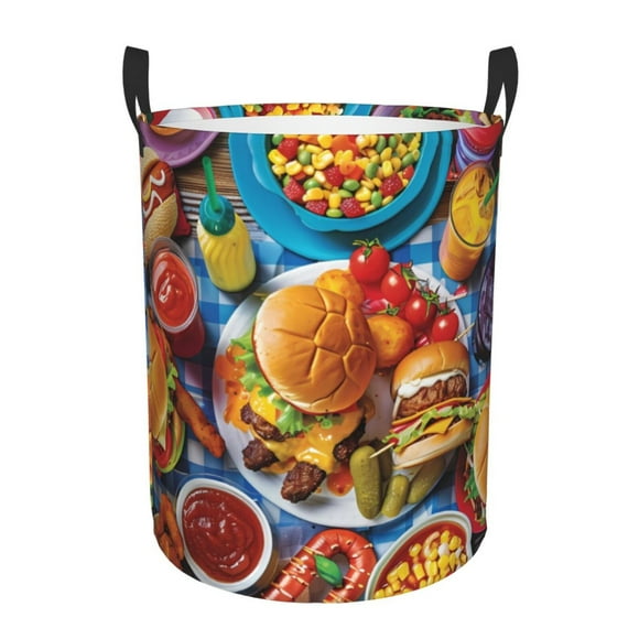 Saiise Vibrant Picnic Food Spread Print Large Collapsible Laundry Basket, Waterproof Round Cotton Linen Storage Bin with Handles for Hamper, Kids' Room, and Toy Storage-Small