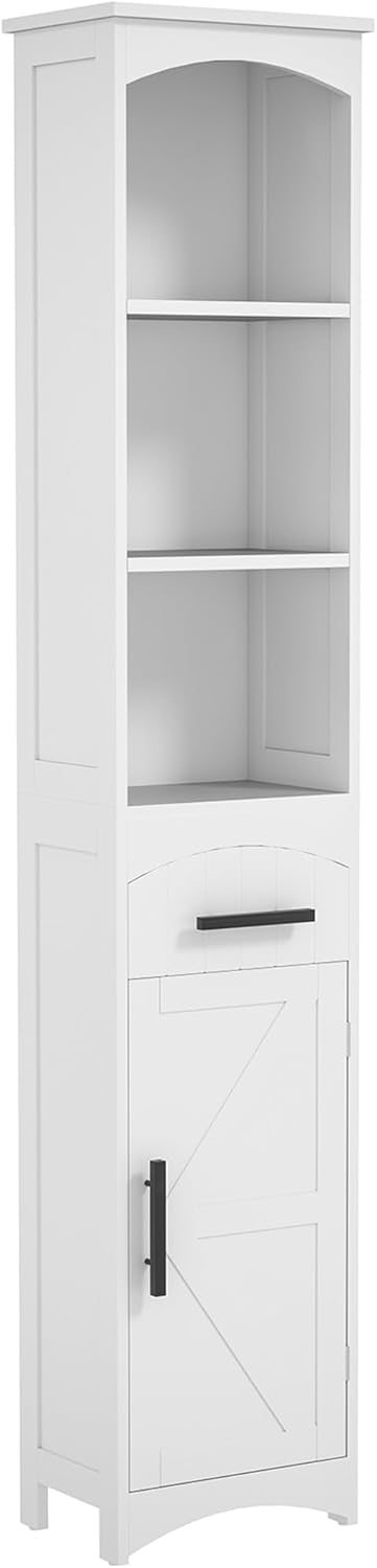 Tall Bathroom Storage Cabinet, Farmhouse Narrow Bathroom Storage Cabinet with Recessed Drawer and Barn Door, Linen Cabinet, White