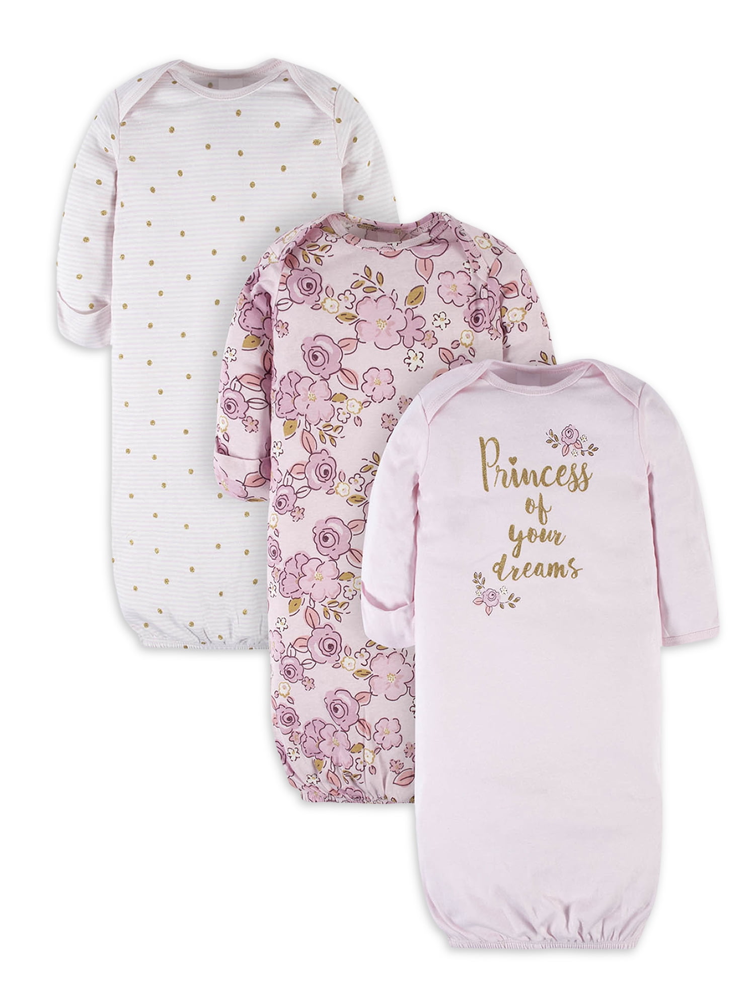Gerber Baby Girl Gowns, 3-Pack (0/6 Months)