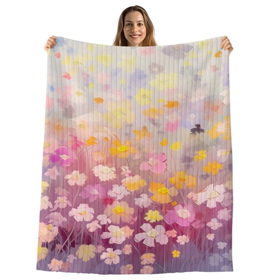 Spring Floral Throw Blanket, Flannel Fleece Blanket with Striped Design for Couch, Modern Oil Painted Daisy Botanical Elegant Soft Breathable All Season Plush Blankets for Sofa Office Chair 30"x40"