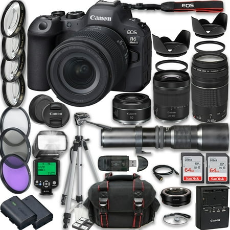 Canon EOS R6 Mark II Mirrorless Camera with RF 24-105mm STM + EF 75-300mm III + RF 50mm f/1.8 STM + 500mm f/8 Focus Lenses + Accessories: 2X 64GB Memory Cards + TTL Flash, Extra Battery, Case & More