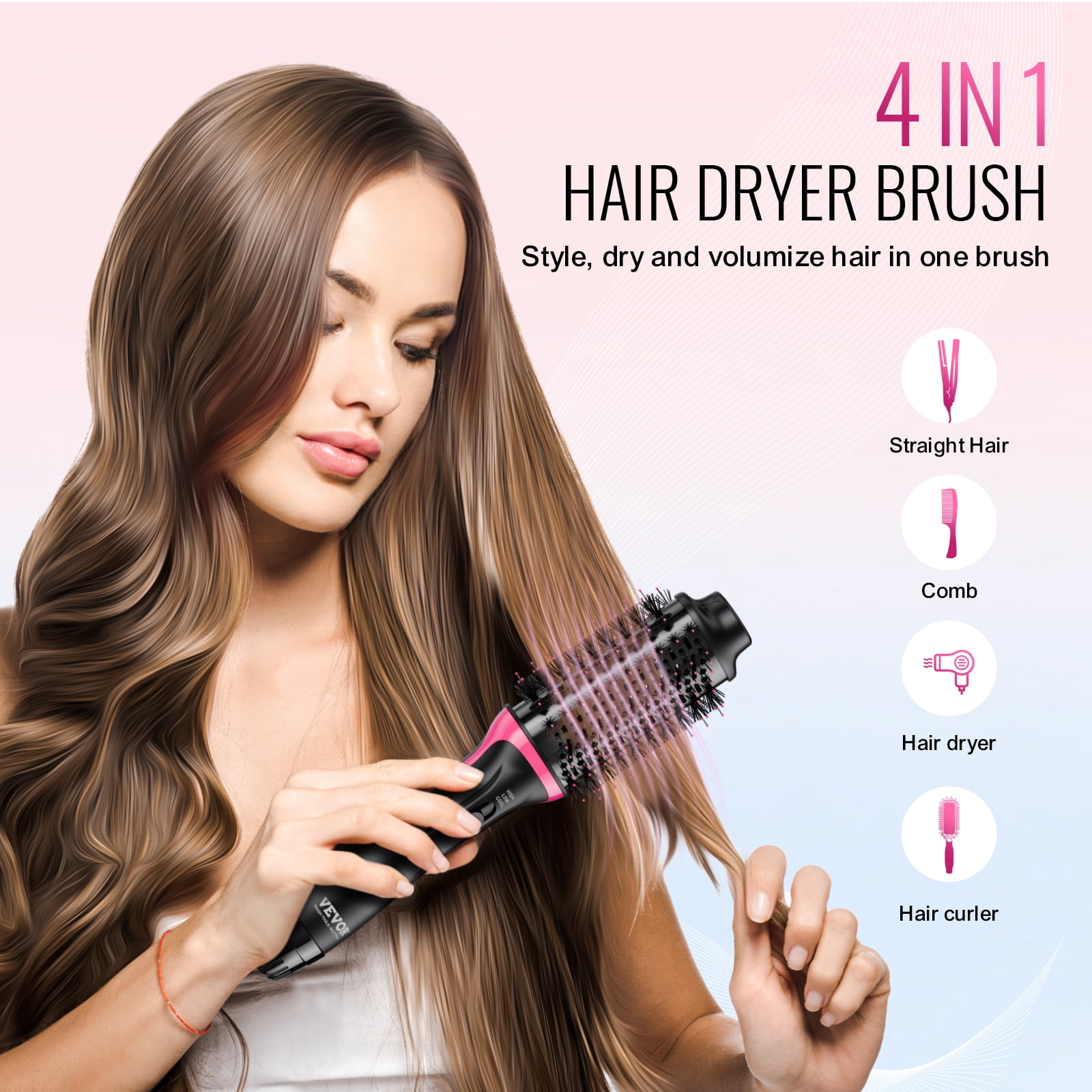 VEVOR Hair Blow Dryer Brush,4 in 1 Ionic Hair Styler and Volumizer with Electroplated Titanium & 2.56" Ceramic Coating Oval Barrel,Dual Voltage 110V/240V Hot Air Styling Brush for Salon Home Travel