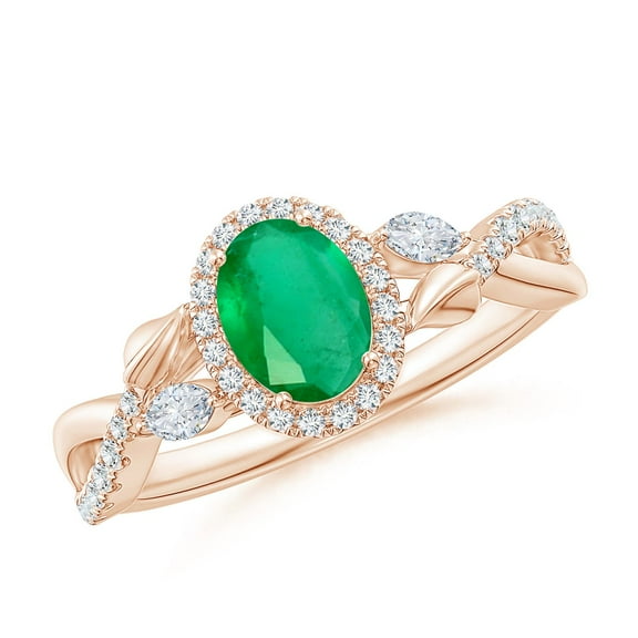 ANGARA Natural Oval Emerald Twisted Vine Ring with Diamond Halo in 14K Rose Gold for Women (Size-7x5mm) | May Birthstone, Birthday, Anniversary, Jewelry Gift for Women | Natural Emerald Ring