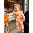 thumbnail image 3 of Cjfdfynewborn Baby Girl Halloween Outfit Pumpkin Ghost Embroidered Romper Plaid Pants And Bow Headband Three Piece Set Infant Cute My First Halloween Fall Winter Outfit, 3 of 9
