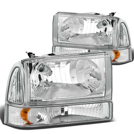 For 00-04 Ford Super Duty/Excusion 4pcs Replacement Headlight+Bumper Light Kit (Chrome Housing Amber Reflector) 01 02 03