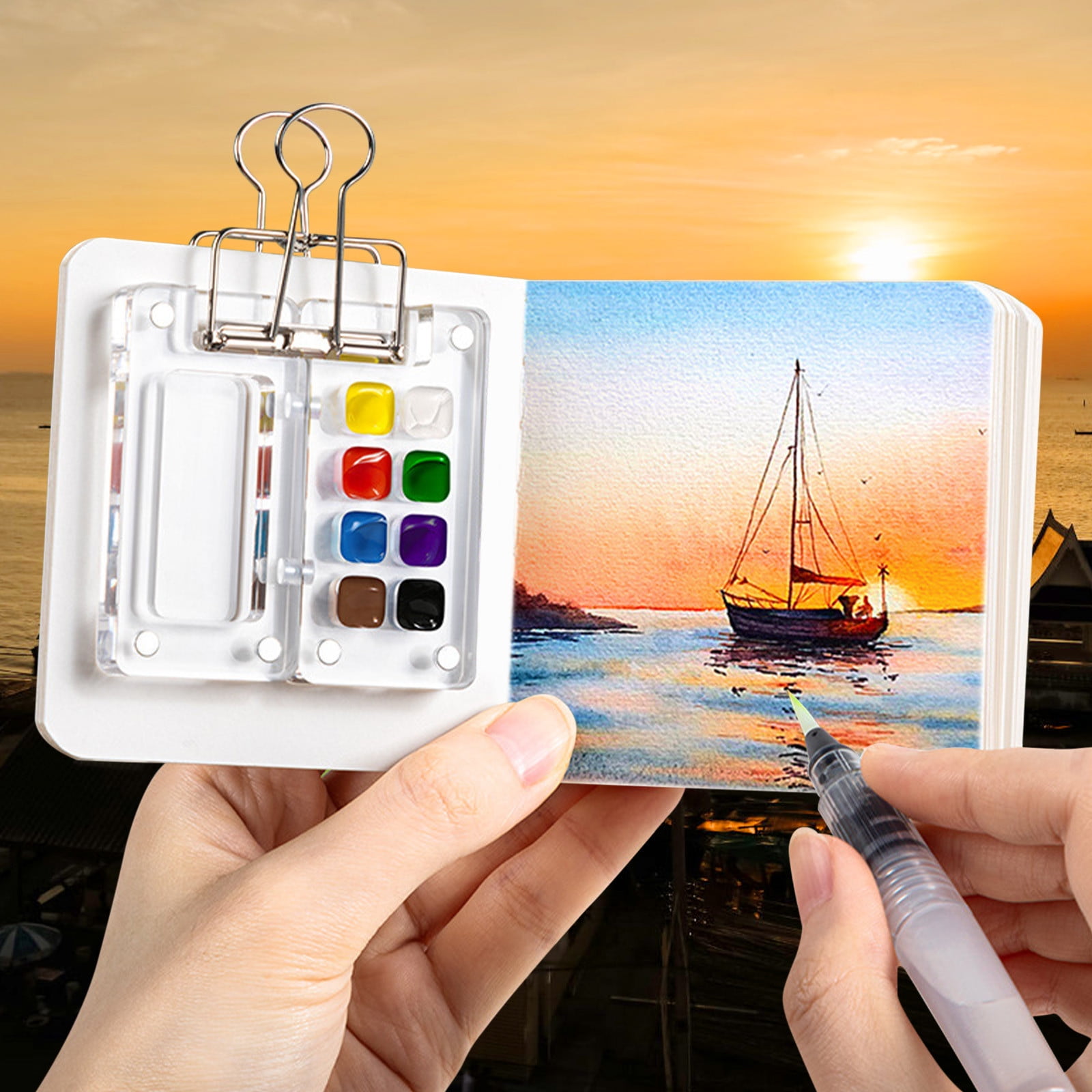Acrylic Portable Palette with Clip, 8 Grids Portable Palette Watercolor Pocket Wooden Paint Palette Mini Travel Paint Tray Box for Watercolor, Gouache (Pigment Not Included)