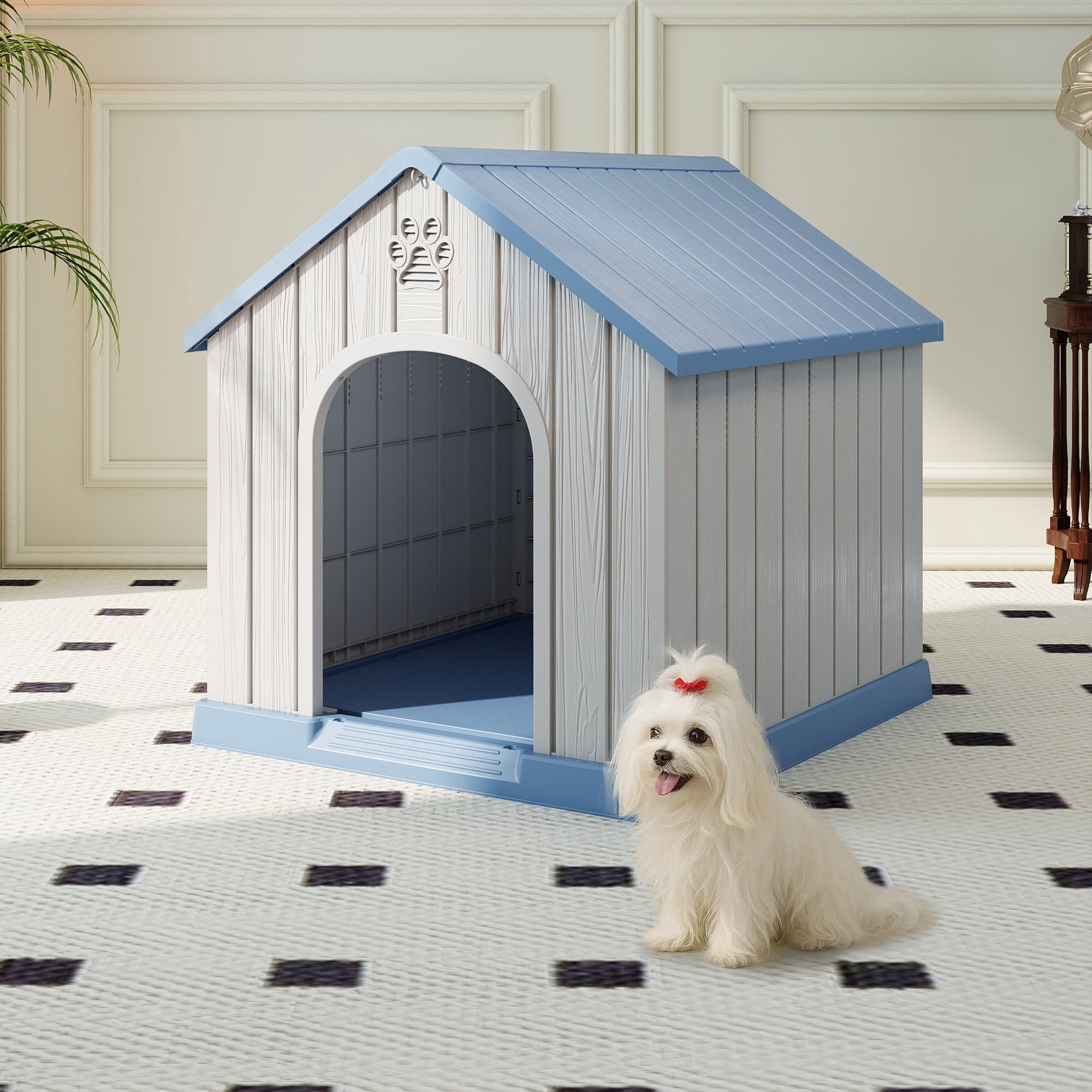 FICARTS Indoor/Outdoor Weather-Resistant Dog House, Elevated Pet Shelter with Sloped Roof & Ventilation, Durable Dog Kennel for Medium to Large Dogs