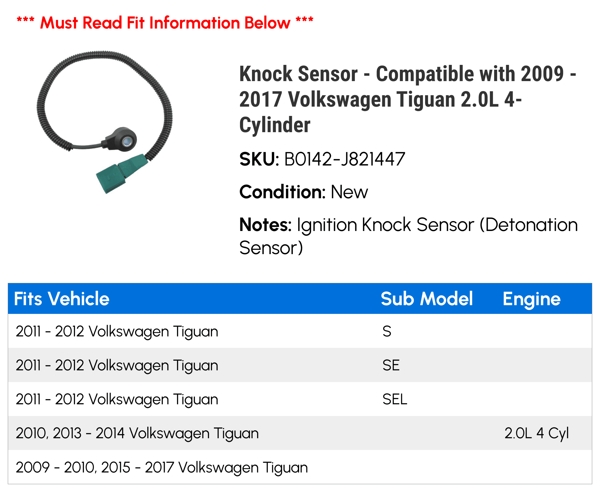 Knock Sensor - Compatible with 2009 - 2017 Volkswagen Tiguan 2.0L 4-Cylinder 2010 2011 2012 2013 2014 2015 2016