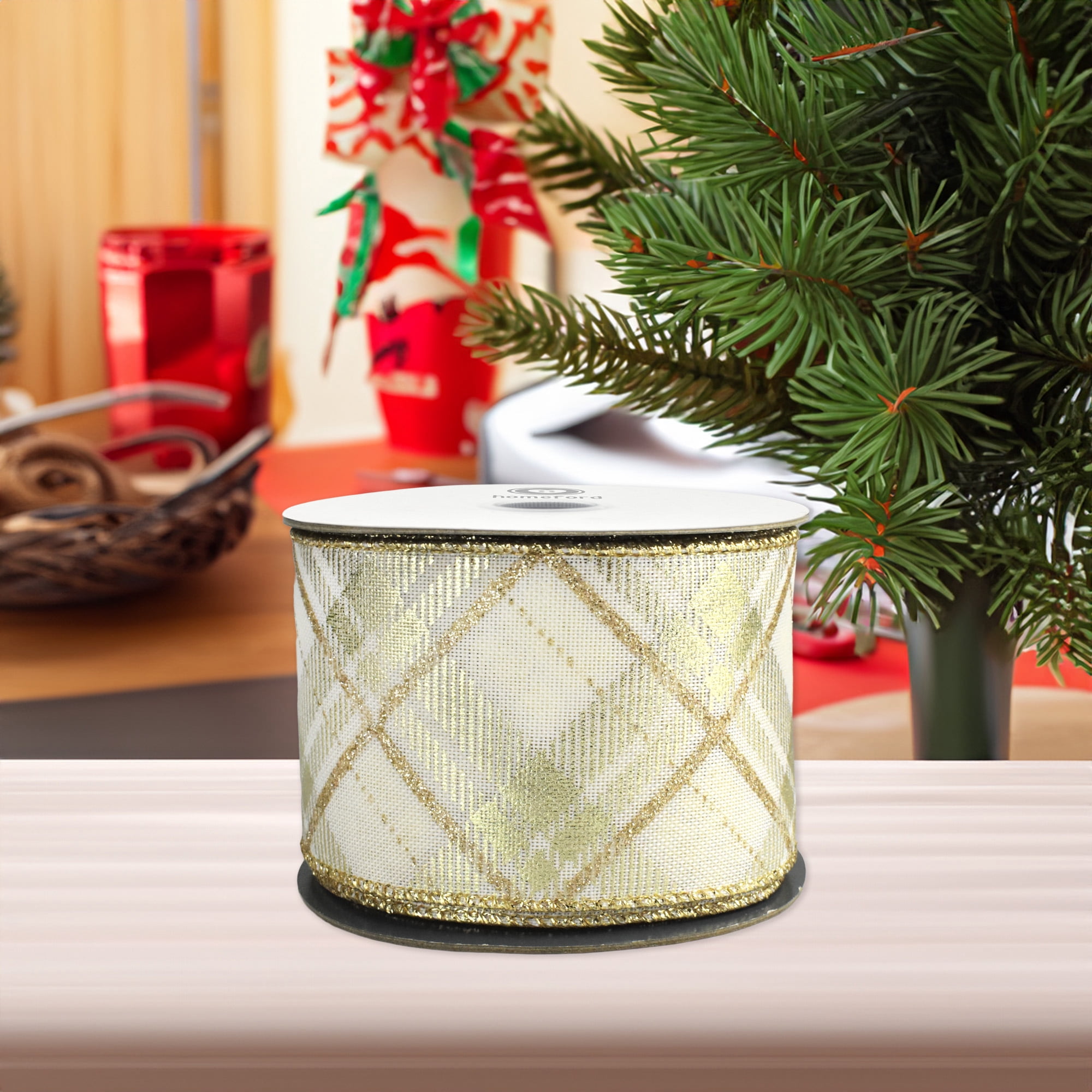 Homeford Christmas Metallic Plaid Twill Wired Ribbon, 2-1/2-inch, 10-yard, Gold