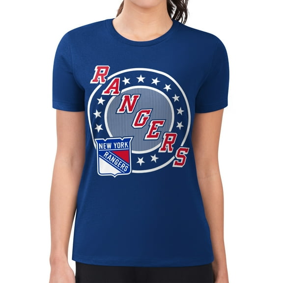 Women's G-III 4Her by Carl Banks Royal New York Rangers Super-Slim Lightweight Pinstripe Circle Graphic T-Shirt