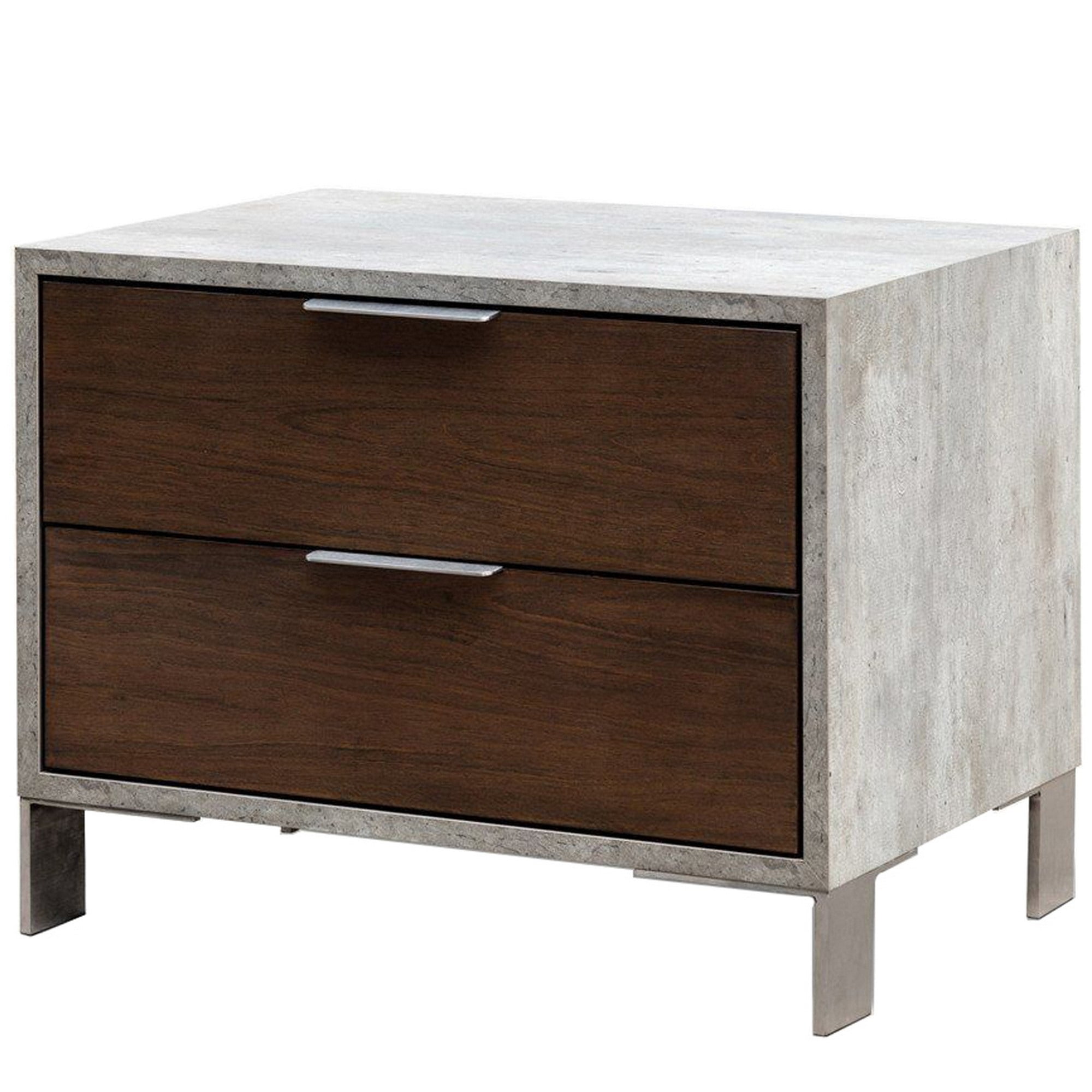 2 Drawer Faux Concrete Nightstand with Metal Legs, Brown and Gray