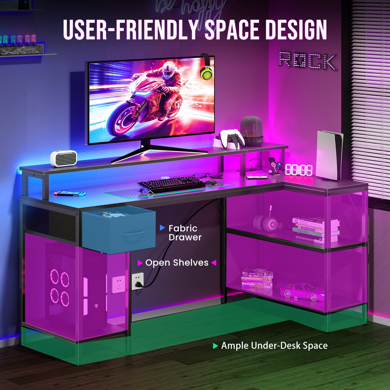Sweetcrispy 47" L Shaped Computer Gaming Desk with USB Charging Ports & LED Lights, Reversible Corner Table with Power Outlets Monitor Stand for Home Office, Black