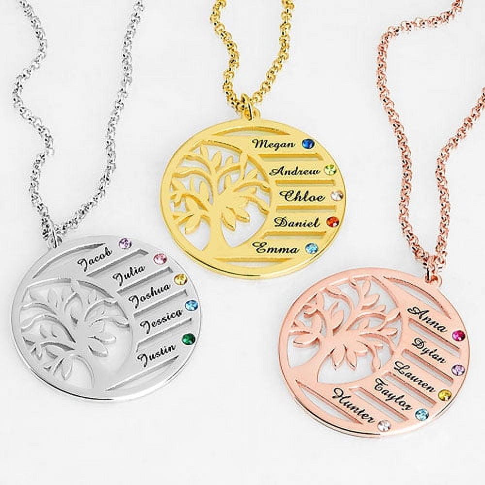 Personalized Planet Women's Sterling Silver Family Birthstone and Engraved Name Tree of Life Necklace