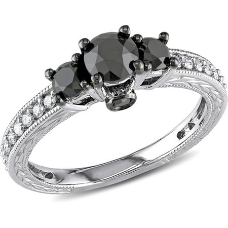 1-1/4 Carat T.W. Black and White Diamond 10kt White Gold Three Stone Engagement Ring