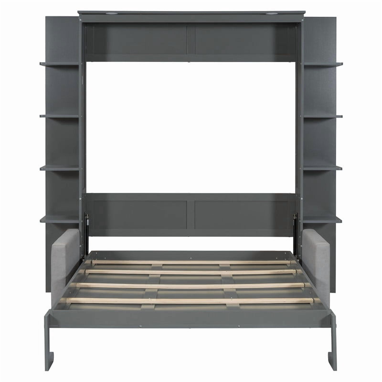 Queen Size Murphy Bed with Sofa, Wooden Wall Bed with Storage Shelves, Folding Platform Bed with Built-in LED Spotlights