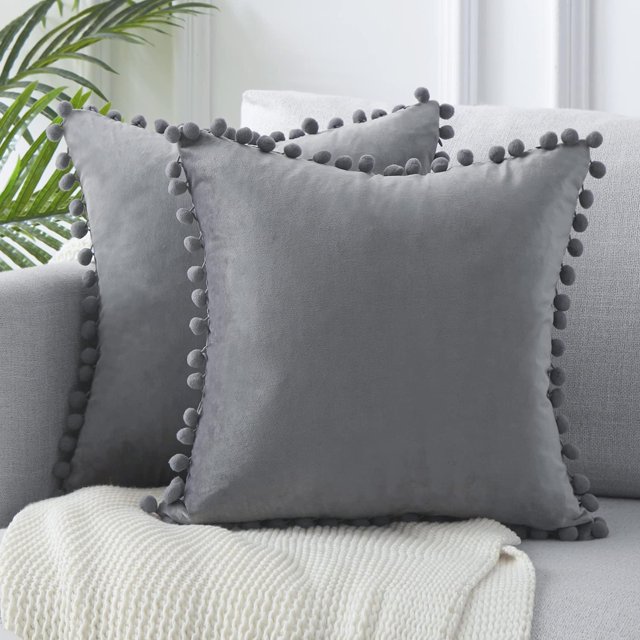 Fundas de almohada decorativas lumbares de 12.0 x 20.0 in, fundas de cojín de terciopelo sólido con pompones para sofá, dormitorio, coche, paquete de 2