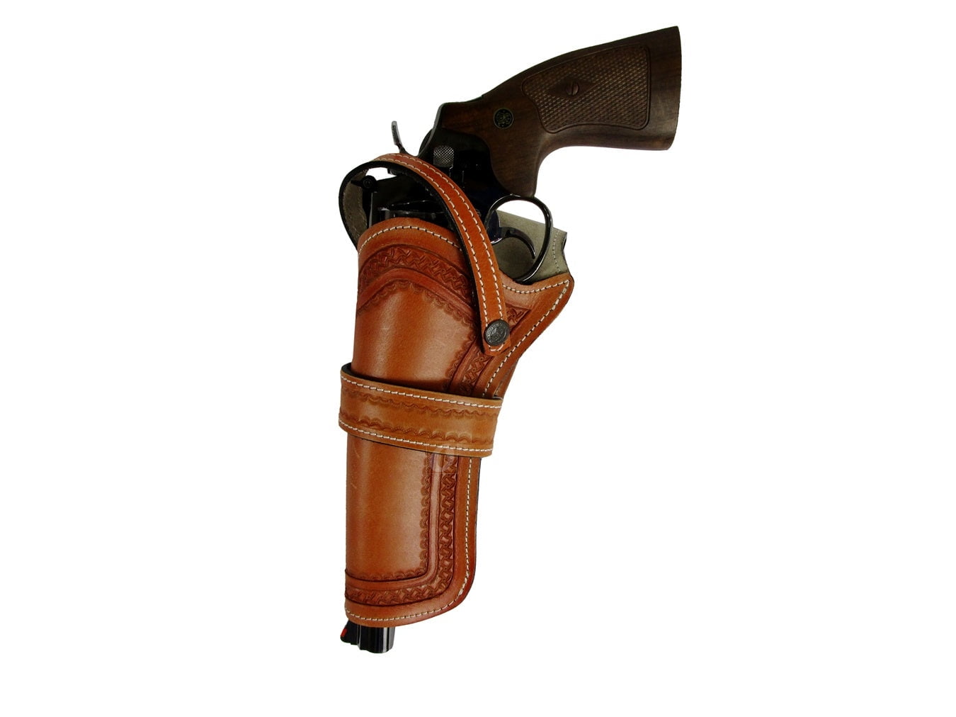 Leather Holster Long Barrel Western Gun Cover Pin Wheel Tooled Tan Color - Left Handed