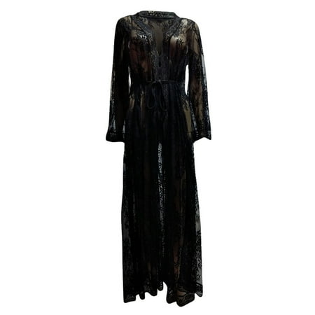 

nsendm Sexy Lace Dress Long Women Sheer Cardigan Ladies Gown Lingerie Nightwear Women s Sleepwear Jade Dress Dress Black One Size