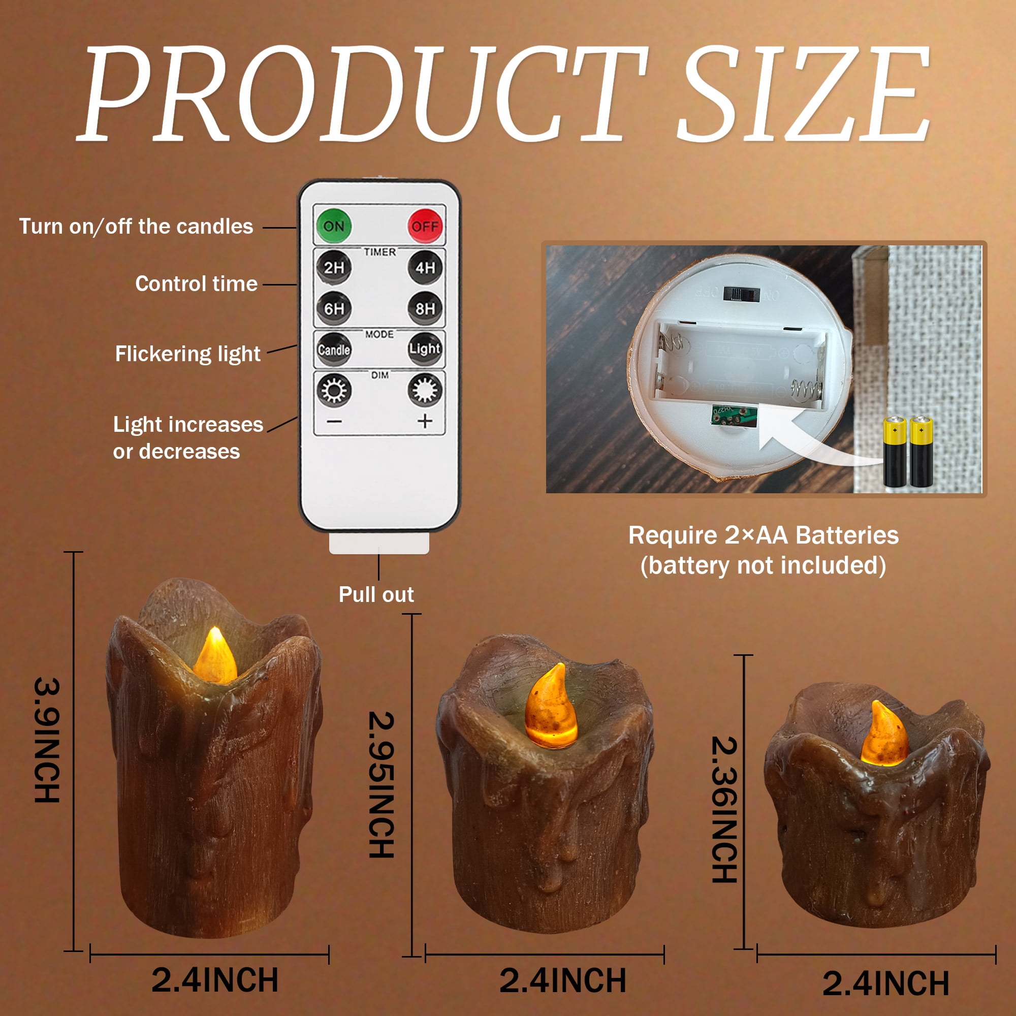 FCMSHAMD Flickering Flameless Candles with Remote Timer, 2.3" 3" 4" Realistic 3D Flame with Real Wax Pillar LED Candles,Battery Operated Candles for Wedding Home Decoration, Christmas,3 Pack