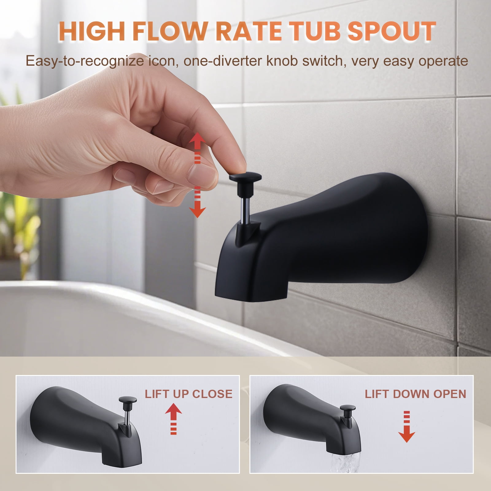 Wowow Shower Faucet with Valve, Bathroom Tub Shower Faucet Kit, Single Handle Rain Shower Head with Tub Spout, Black