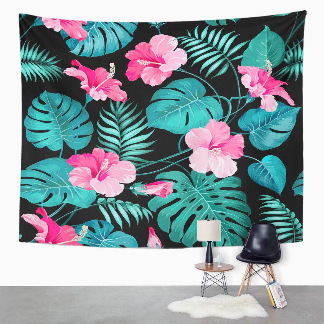 REFRED Green Floral Tropical Flowers and Jungle Palms Pink Pattern Wall