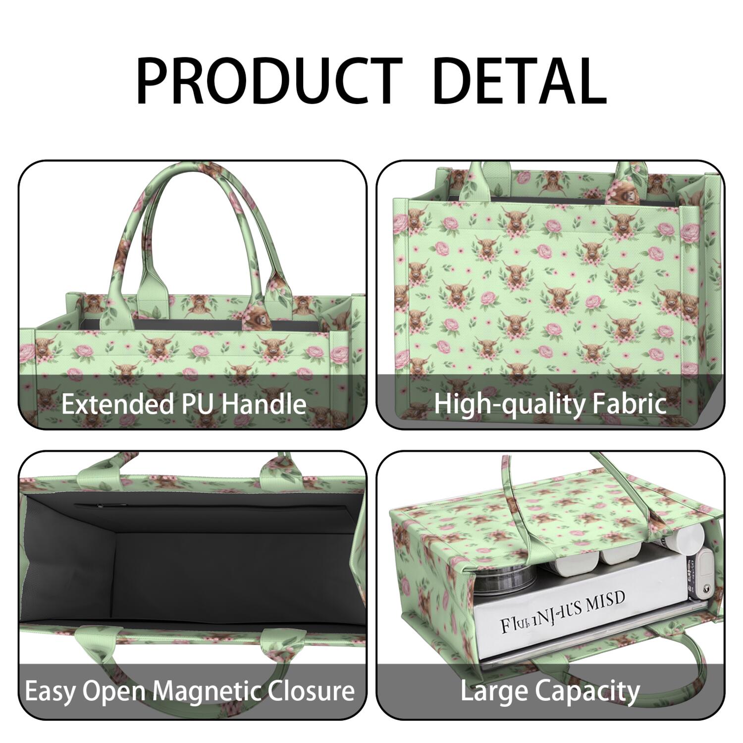 Large Capacity Tote Bag,Green Highland Cow Flower Pattern Handbag Fashion Luxury Tote Bag,15.7"x13"x 5.1" Inches,Laptop Compatible