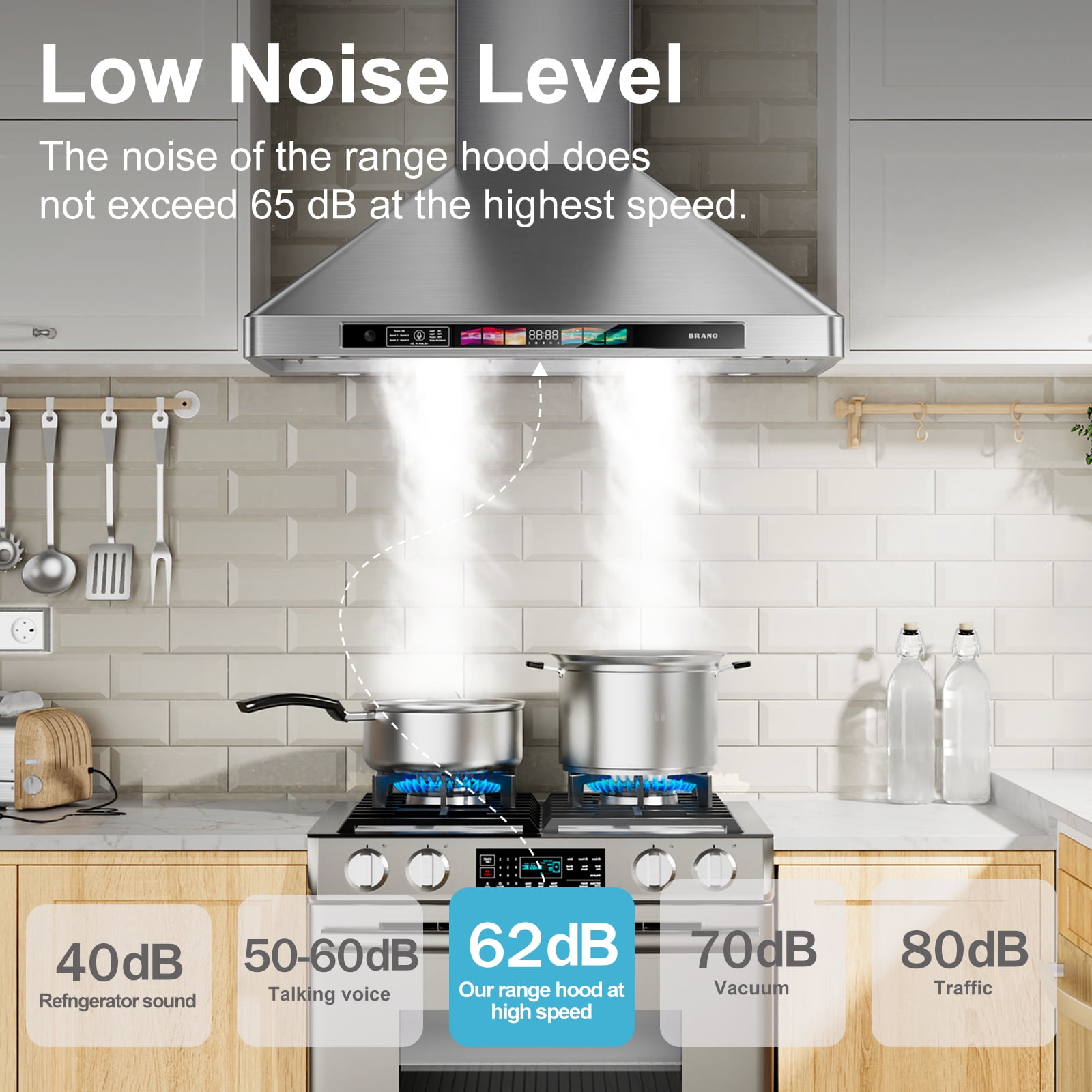 Brano 30 Inch Stainless Steel Wall Mount Range Hood, Ducted Exhaust Vent, Voice & Touchpad Control, 900 CFM