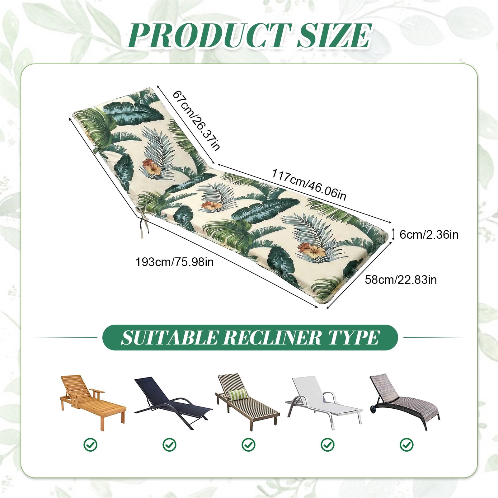 Eurhowing Outdoor Chaise Lounge Cushion 76"×23"×3", Waterproof Thick Patio Furniture Cushions with Straps, High-Density Foam Chair Pads for Poolside & Deck, 1 Pack, Hawaiian