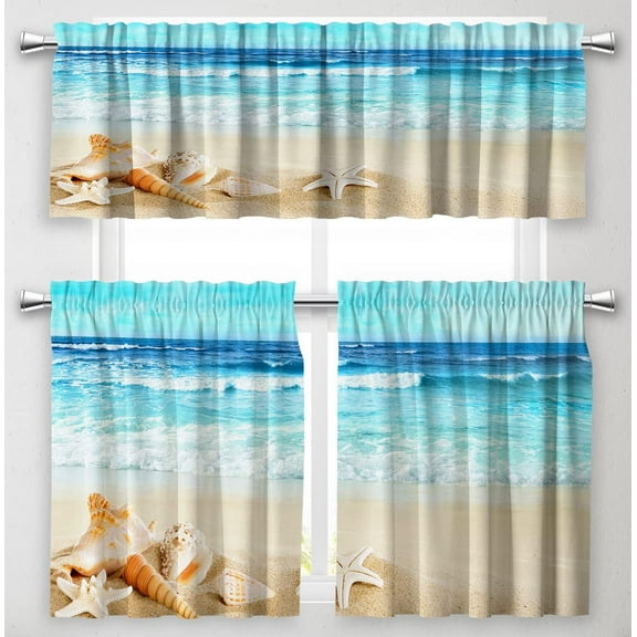 Ocean Beach Kitchen Curtains and Valances Set 3 Pieces Coastal Beach Kitchen Curtains Floral Window Treatments for Cafe Living Room (Blue, 52"x18" 36"x24"x2)…