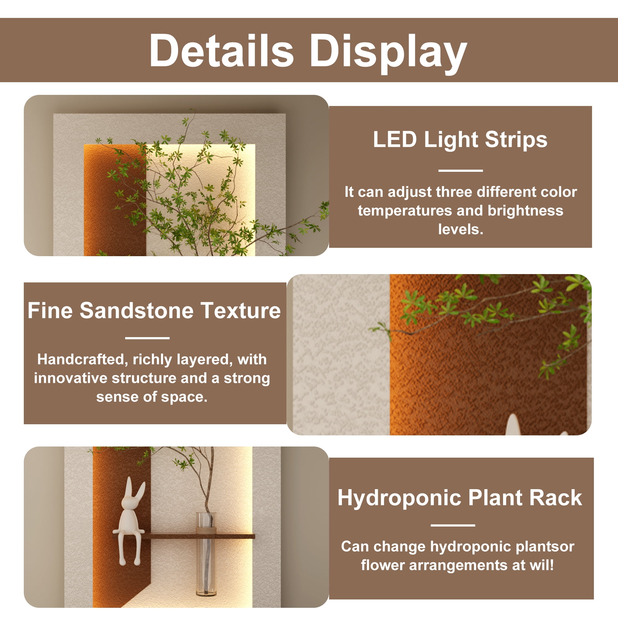 Aukfa 3D Sandstone Wall Art with Artificial Green Plants, LED Wall Decor with Glass Vase & Rabbit Statue, Remote Control for Living Room/Bedroom
