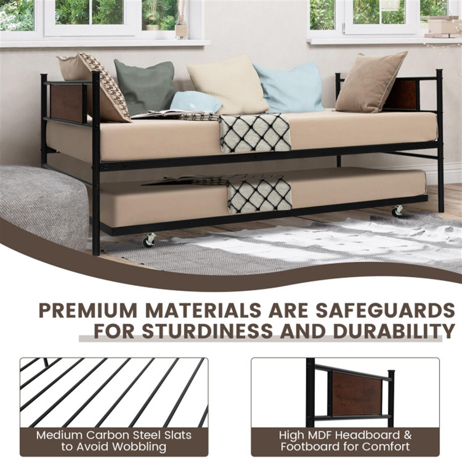 Demi Bonn Twin Size 2-In-1 Daybed Frame with Pullout Trundle, Modern Bed Frame for Teens, Black