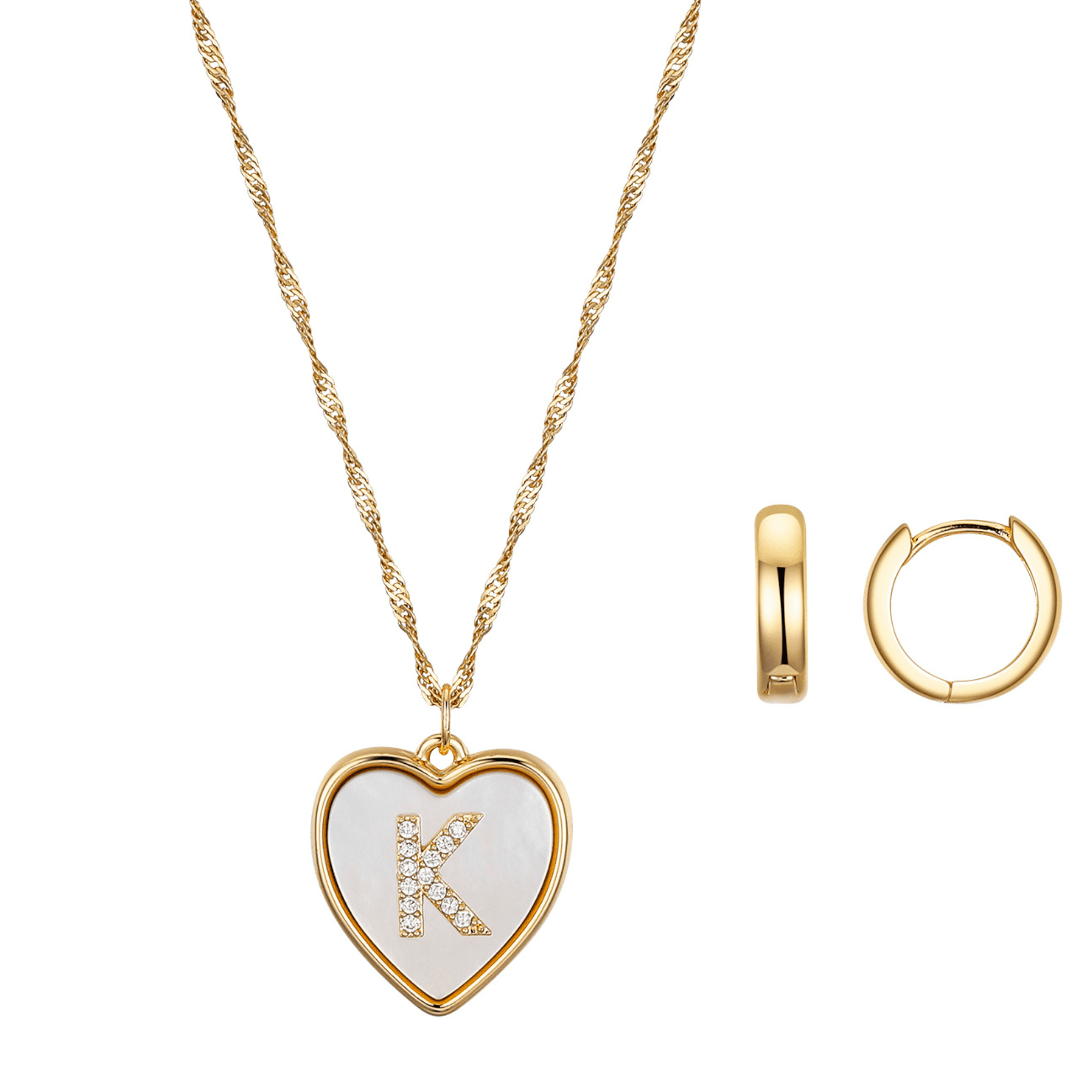 Believe by Brilliance Women's 14Kt Gold Flash Plated Mother of Pearl Heart Initial "K" Pendant Necklace and Hopp Earring Set, 18+2" Extender