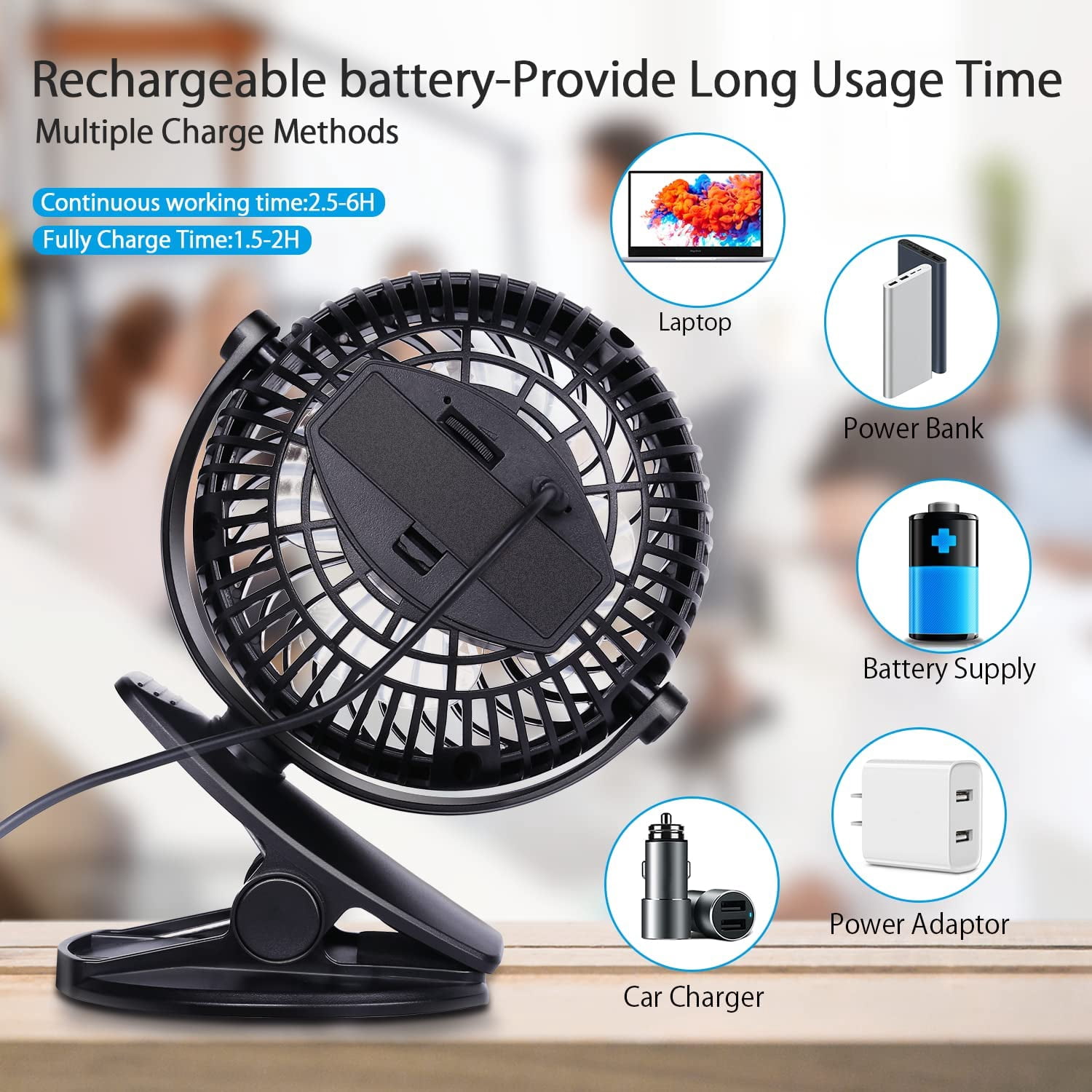 SkyGenius Portable Clip on Fan Battery Operated Fan with Hanging Hook Rechargeable Stroller Fan, Black