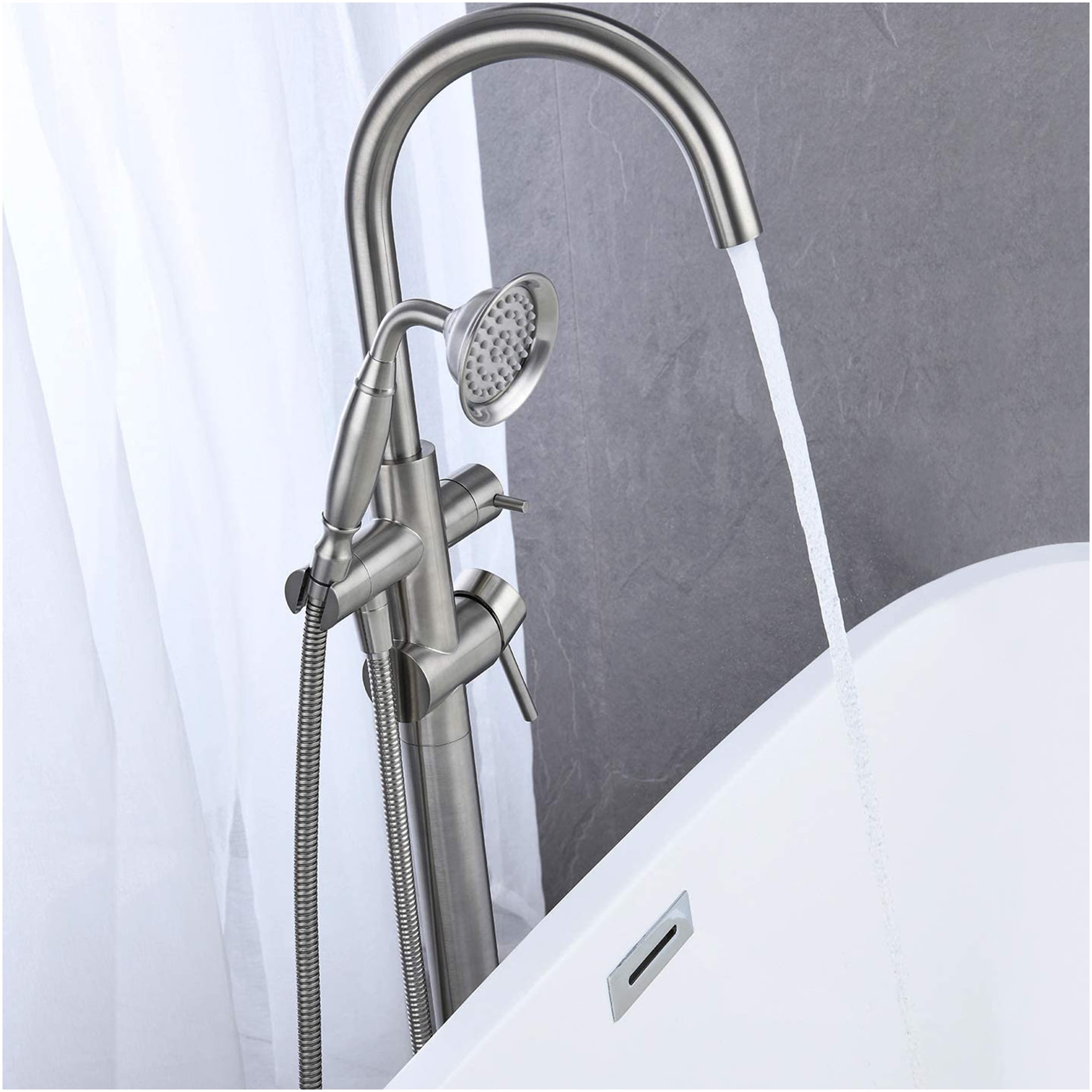 JERFIT Freestanding Bathtub Faucet with Handheld Shower, Floor Mount Tub Filler in Brushed Nickel Finish, High Arc Brass Spout