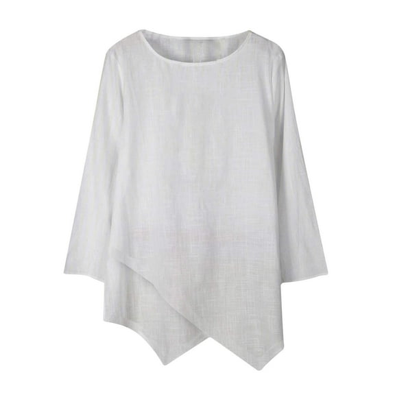 Womens Long Sleeve Linen Tunic Tops Crewneck Loose Fit Casual Fall T Shirts Blouses Solid Color Irregular Shirts Tops