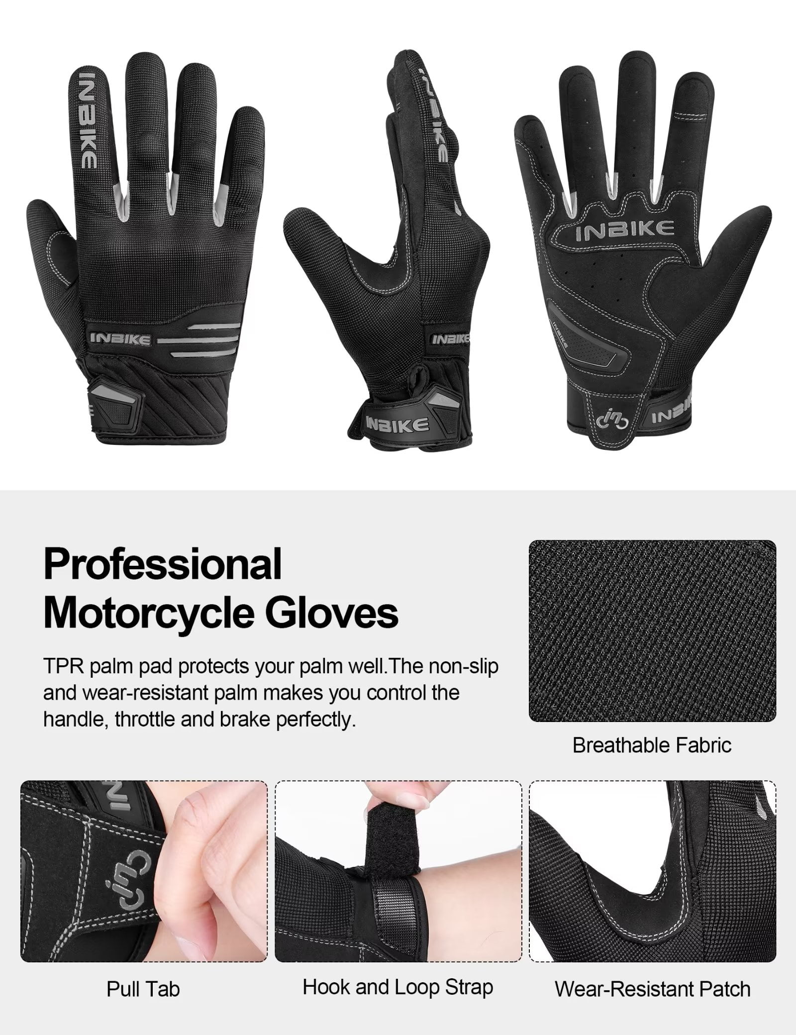 INBIKE Motorcycle Gloves MTB Touchscreen with Thicken Padded & TPR Knuckle Protection Road Bike Gloves Black X-Large