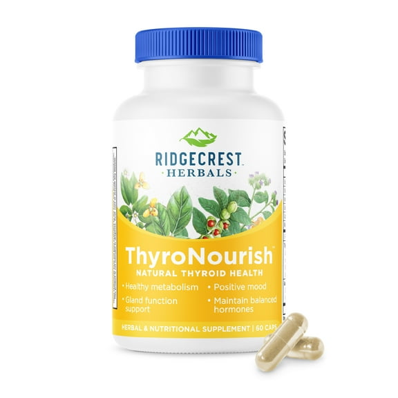 RidgeCrest Herbals ThyroNourish, Thyroid Support, Herbal and Vitamin Supplement with Ashwagandha, L-Tyrosine, Iodine, Copper, Kelp. Supports Energy, Metabolism Health, Normal Sleep (60 Caps, 30 Serv)