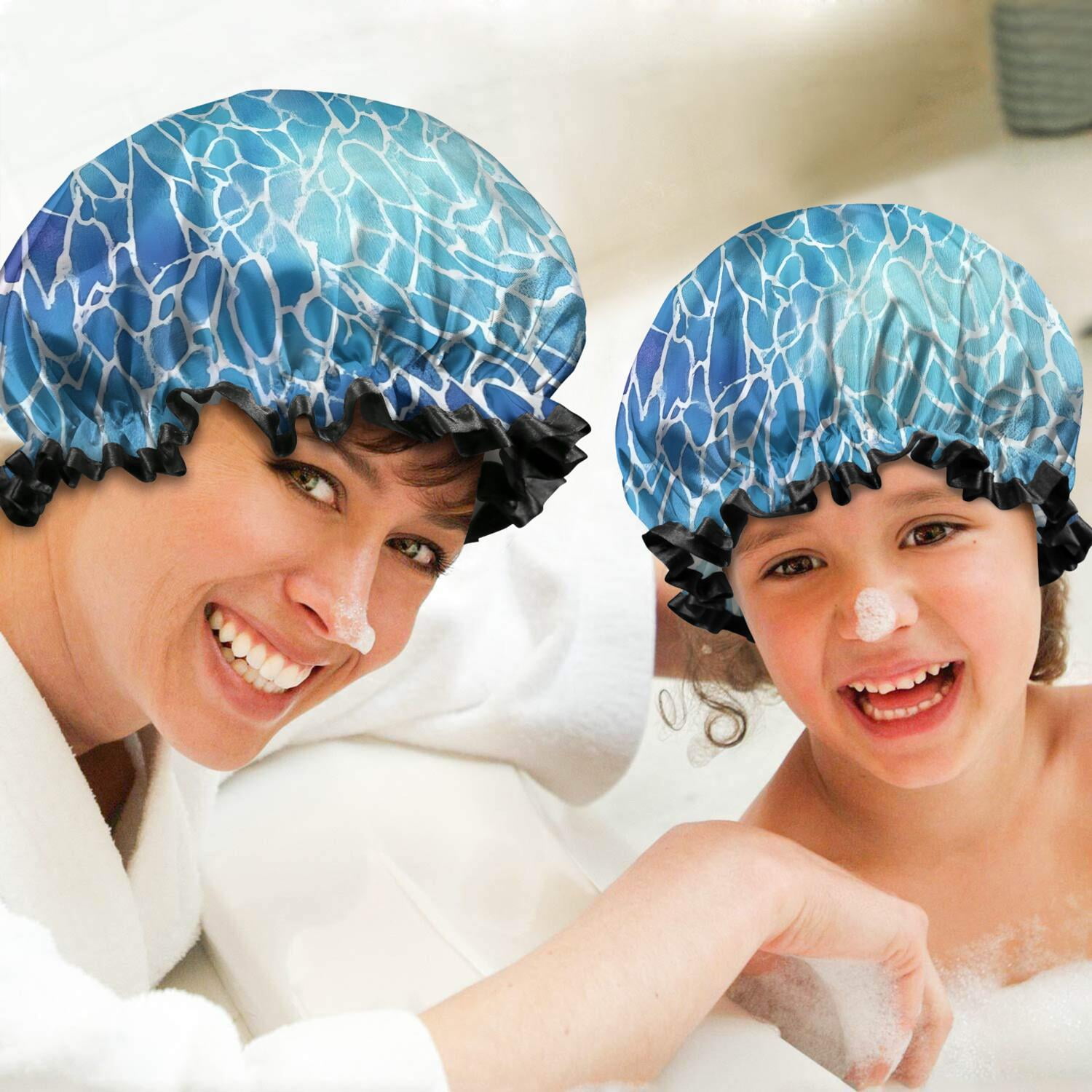 Shower Caps,Blue White Tie Dye Cracked Pattern Waterproof Shower Cap for Women 4 Pieces,Double Reusable Hair Cover for Shower PEVA Elastic Stretch Hem